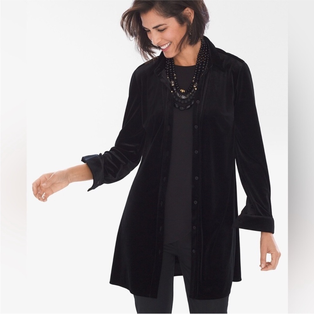 Chicos Size 0 (Small) Black Velvet Button Down Tu… - image 1